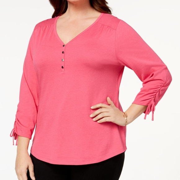 Karen Scott Tops - Karen Scott Cotton Rose Pink Ruched Henley Top